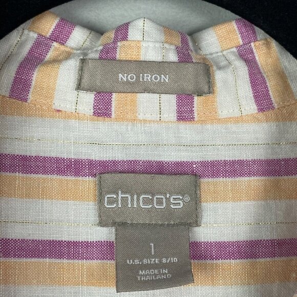 Chicos No-Iron Linen Metallic Striped Roll-Tab Shirt Size 1 US Medium - Picture 4 of 11